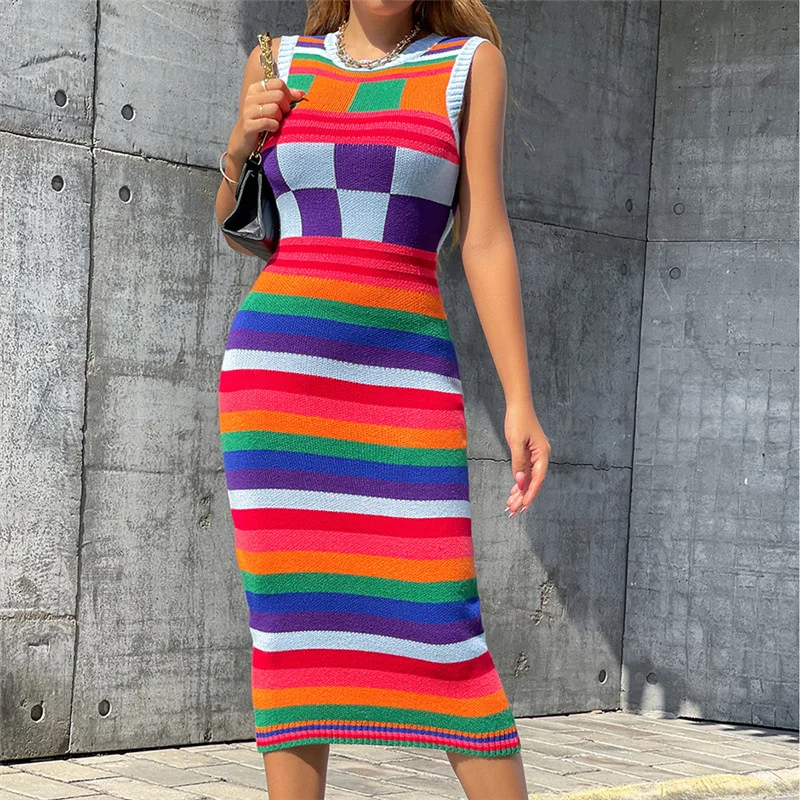 

Sexy Sleeveless Contrast Plaid Bodycon Dress Women Summer Slim Fit O-neck Striped Knit Evening Party Dresses Vestidos De Mujer