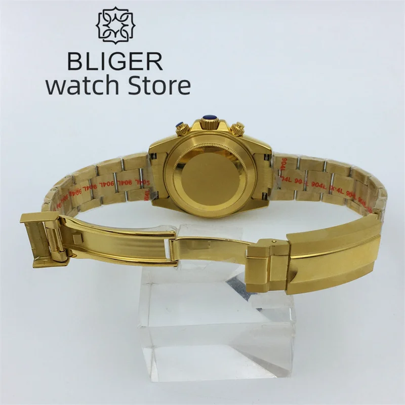 BLIGER Luxury Fashion Gold Quartz Chronograph Business 39mm Sapphire Crystal Men's Watch VK63 Movement Black Dial Luminous index