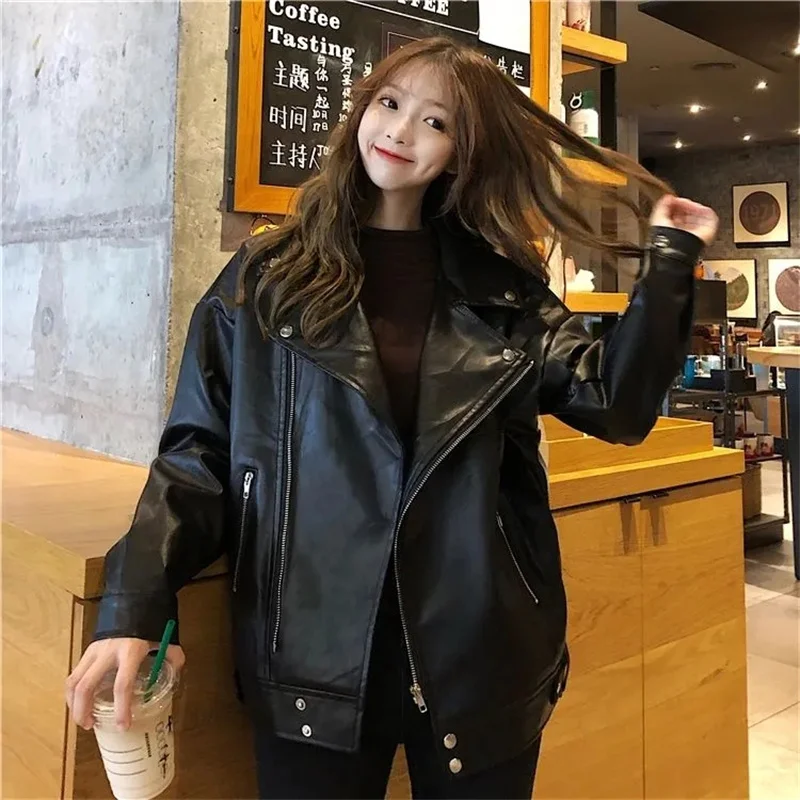 

Leather Coat Female Spring Autumn 2023 New Korean Version Loose Casual Everything Fried Street pu Motorcycle Suit Jacket Tide XZ