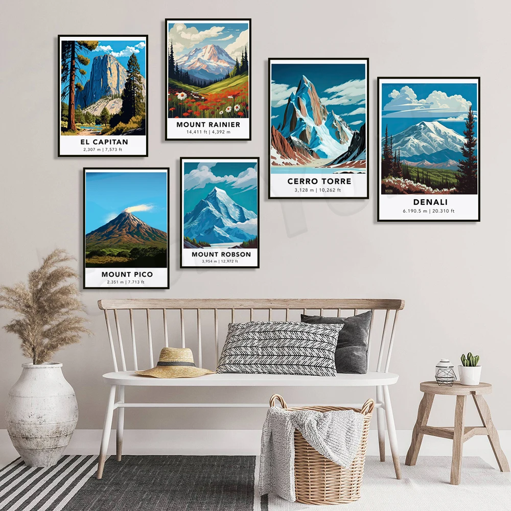 Mount Robson, Mount Denali, Mount Rainier, Mount El Capitan, Mount Torre, Mount Touchroy, Mount Pico, Mount Hood Poster Da Viaggio