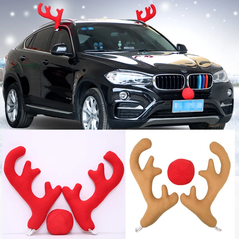 Large Size Christmas Antlers Red Nose Headwear For Car Decor Reindeer Vehicle Flannelette Xmas