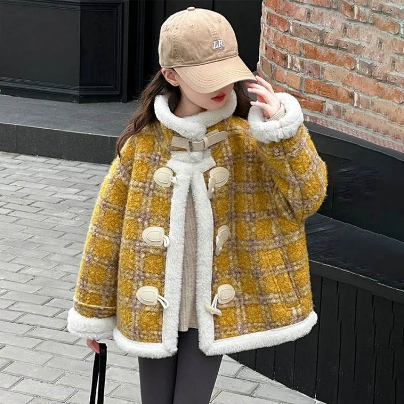 여자 울 코트 겨울 따뜻한 패션 어린이 의류 청소년 모든 일치 두꺼운 격자 무늬 플러시 자켓 겉옷 6-18 년