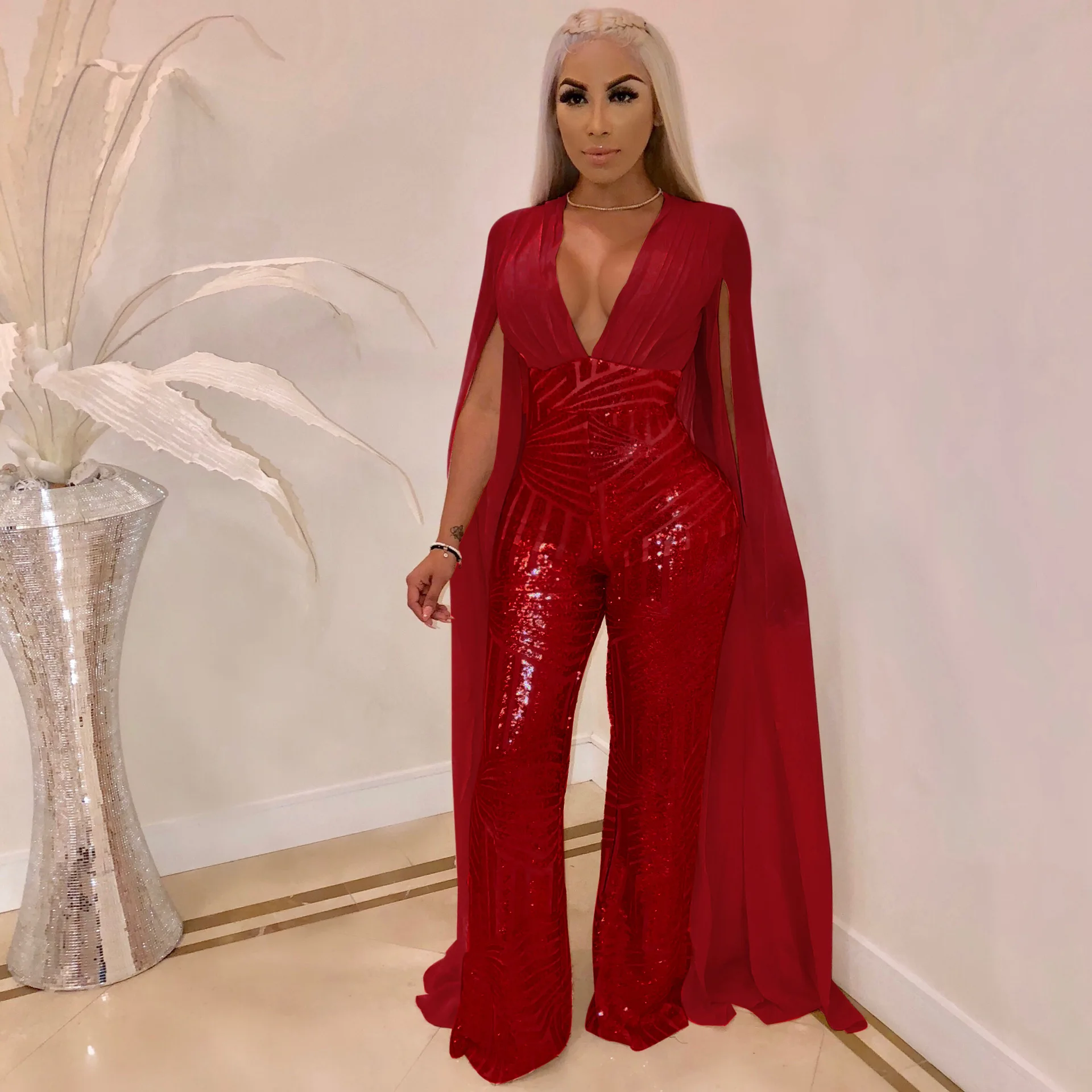 Elegant Women Formal Prom Jumpsuit V Neck Backless Split Long Sleeve Lady Rompers Sequins Women'S Party Evening Gown Jumpsuits