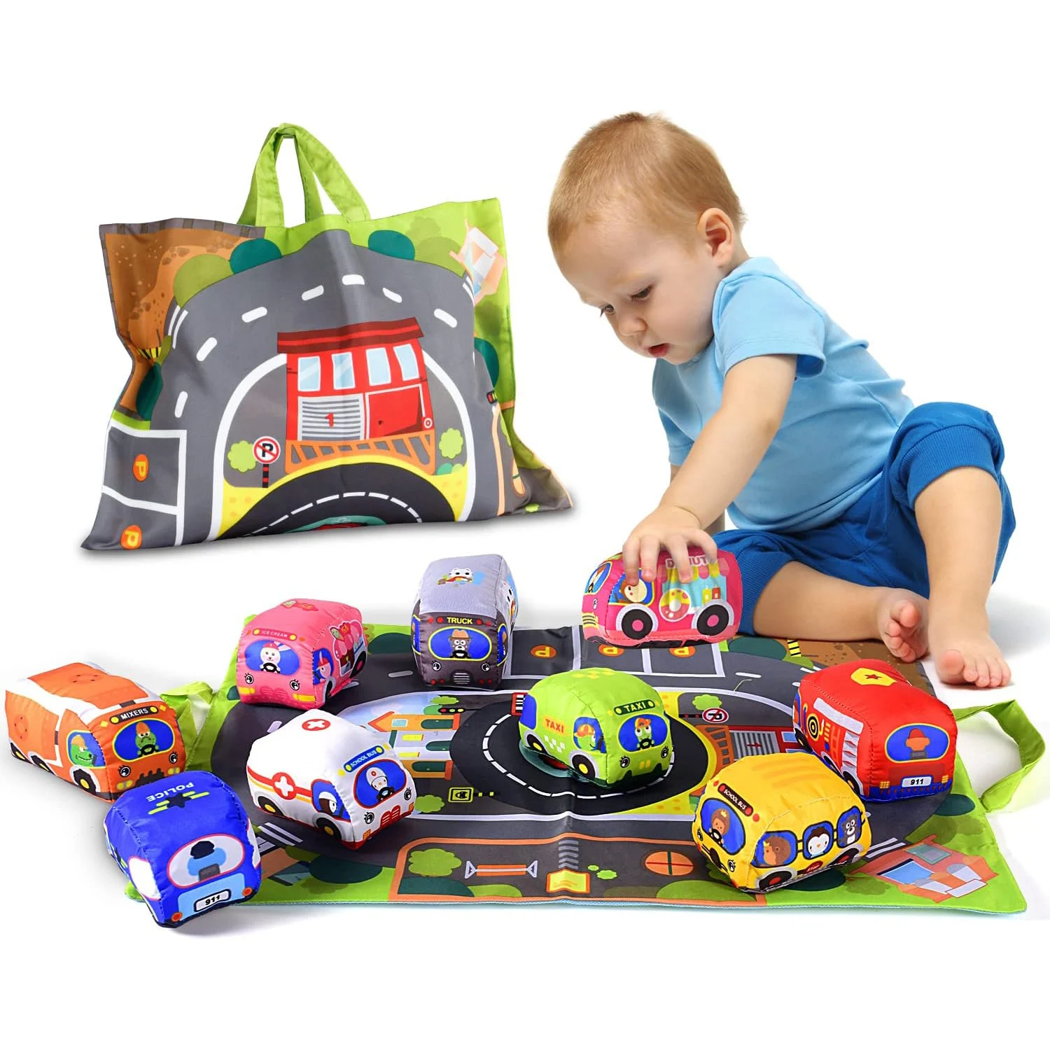 Ensemble de jouets de voiture en tissu doux pour bébé, avec tapis de jeu et 9 jouets sensoriels de voyage d'apprentissage précoce, cadeaux d'anniversaire pour tout-petits
