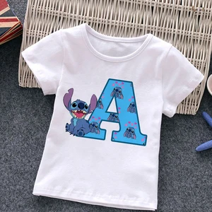 Новая детская футболка с надписью «Ститч» A B C D, комбинированная футболка с названием, мультяшная кавайная детская повседневная одежда, топы в стиле Харадзюку для девочек и мальчиков