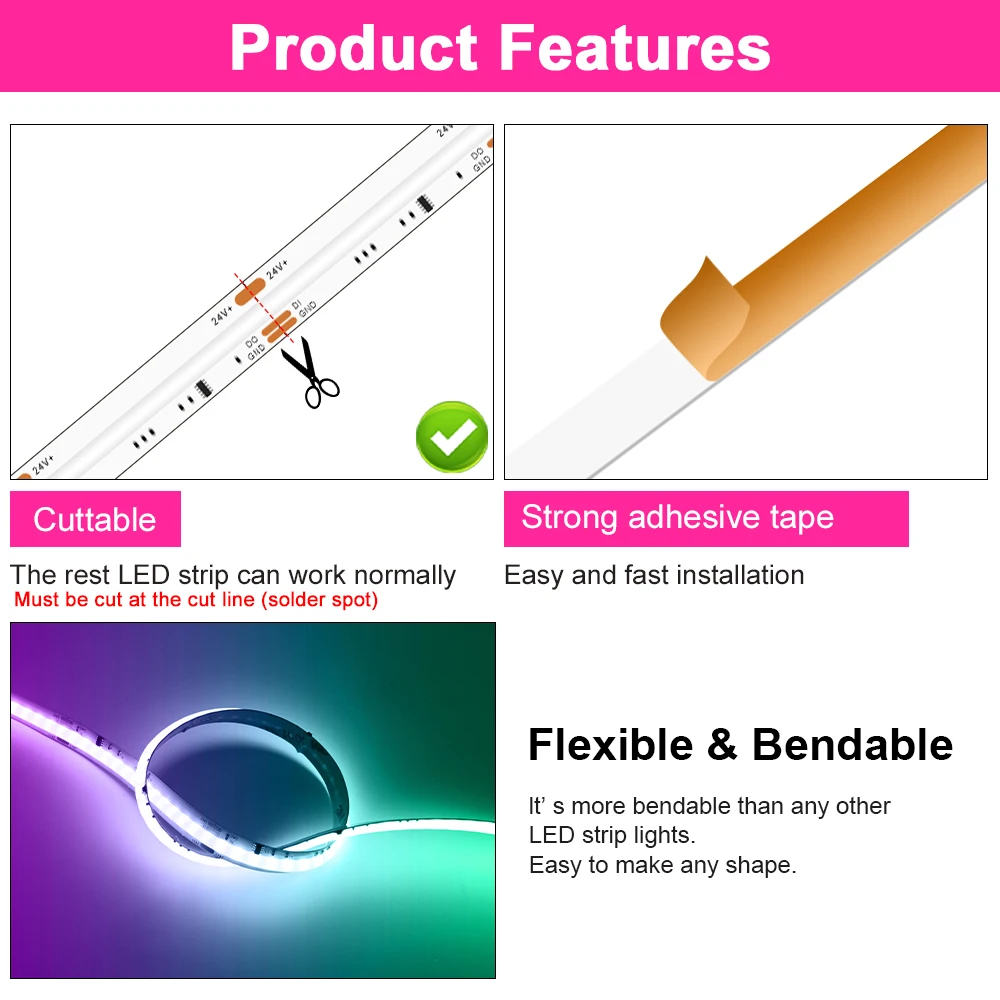 24V RGBW Addressable COB LED Strip Light RGBW IC Dream Color LED Tape Colorful Running Light WS2811 LED Strip for Room Decor