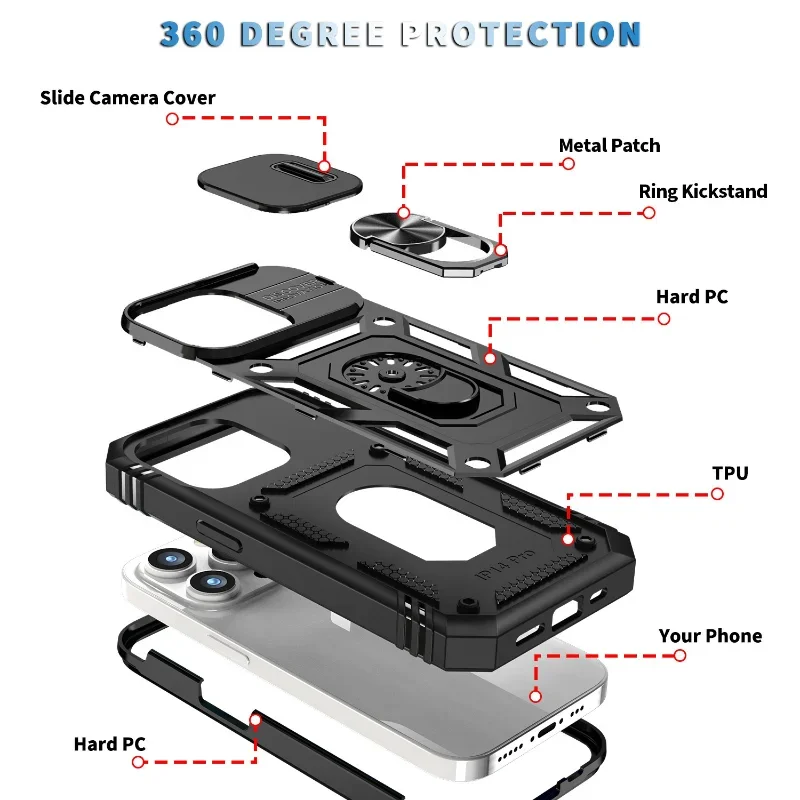 Luxury Slide Camera Lens Protection Armor Case with Military Grade Bumpers and Metal Ring Cover