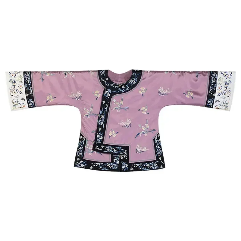 Qing Dynasty Vintage Satin Purple Flowers Printed Long Sleeves Tang Suit Tops Women Traditional Tang Blouse Online Chinese Store