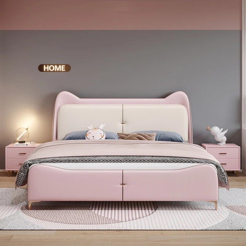 Cat Ears Children's Bed Girl Pink Cartoon Princess Bed Storage Leather Single Modern Children's Solid Wood Cama Bedroom Set