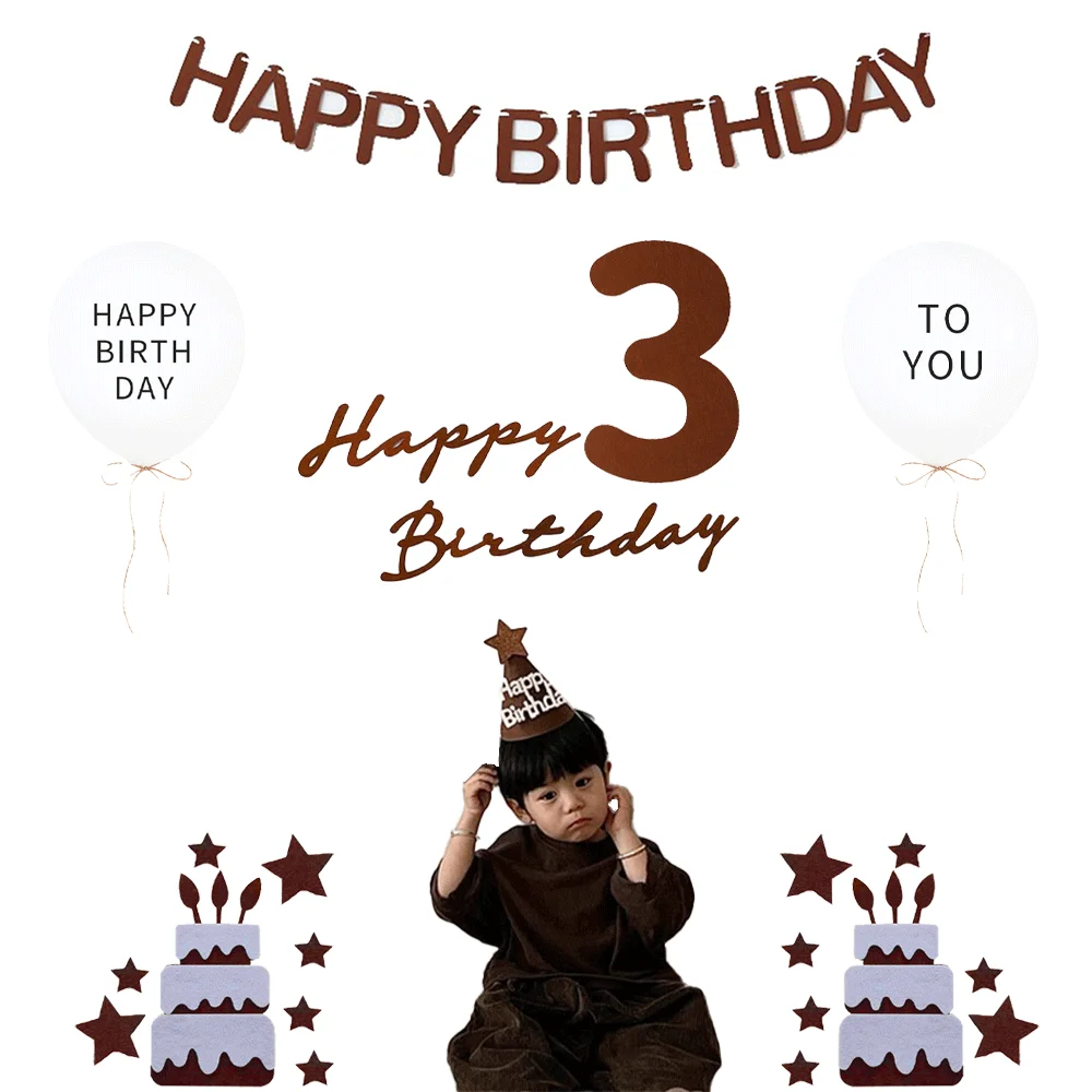 Ins Style Kaffeefarbe 0-9 Zahlen Filz Wandaufkleber Alles Gute zum Geburtstag Hut Flagbanner Ballon Babyparty Kindergeburtstag Party Dekor