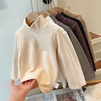 Winter Baby Warm Top Boys Girls Velvet Inner Solid Color Bottom Children's Half High Collar Long Sleeve T-shirt Kids Clothes 3