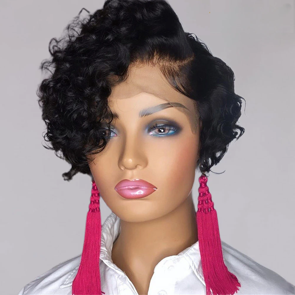 Curly Human Hair Wigs Side Part Wig Short Bob Pixie Cut Wig T Part Brazilian Human Hair Deep Curly 13*1 Lace Front Wigs
