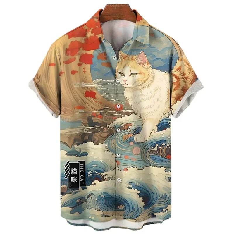

Men's Shirt Japanese Cat 3D Print Men's Clothing 2024 Summer New Casual Hawaii Beach Hawaiian Harajuku Fashion Holiday Shirt