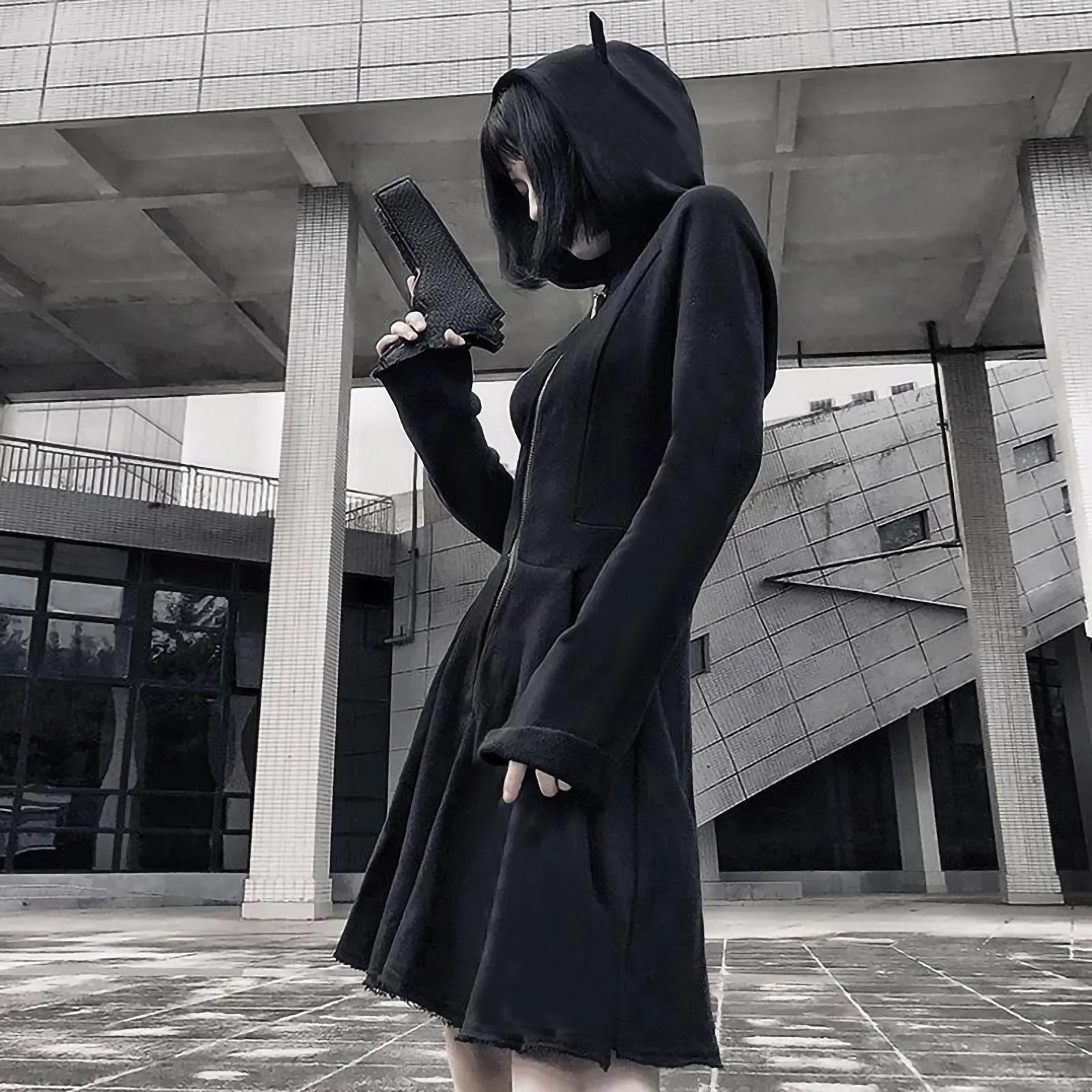 

Gothic Black Slim Sweatshirt Dress Fashion Cat Ears Hooded Zip Sweatshirt Dress Women's Streetwear Solid Long Sleeve Hoodies