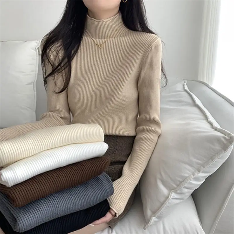 

Female Harajuku Casual Solid High Collar Long Sleeve T-shirt Women's T-shirts Tops Japanese Ladies Ulzzang Clothes For Women