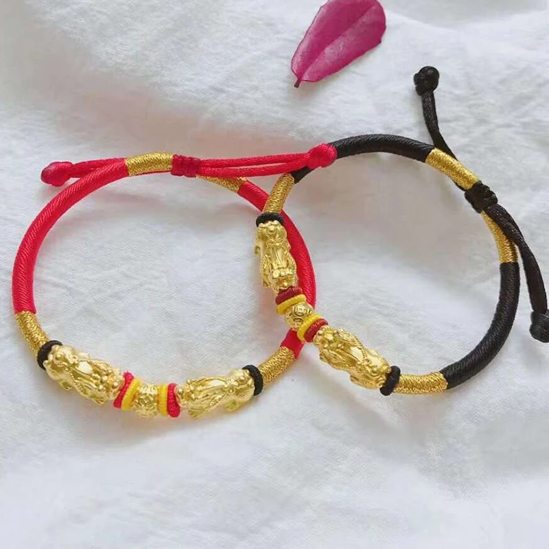 

1pcs Pure 24K Yellow Gold Bracelet Women Lucky Pixiu Gold Coin Bead 8mm Handmade Red Black String Bracelets