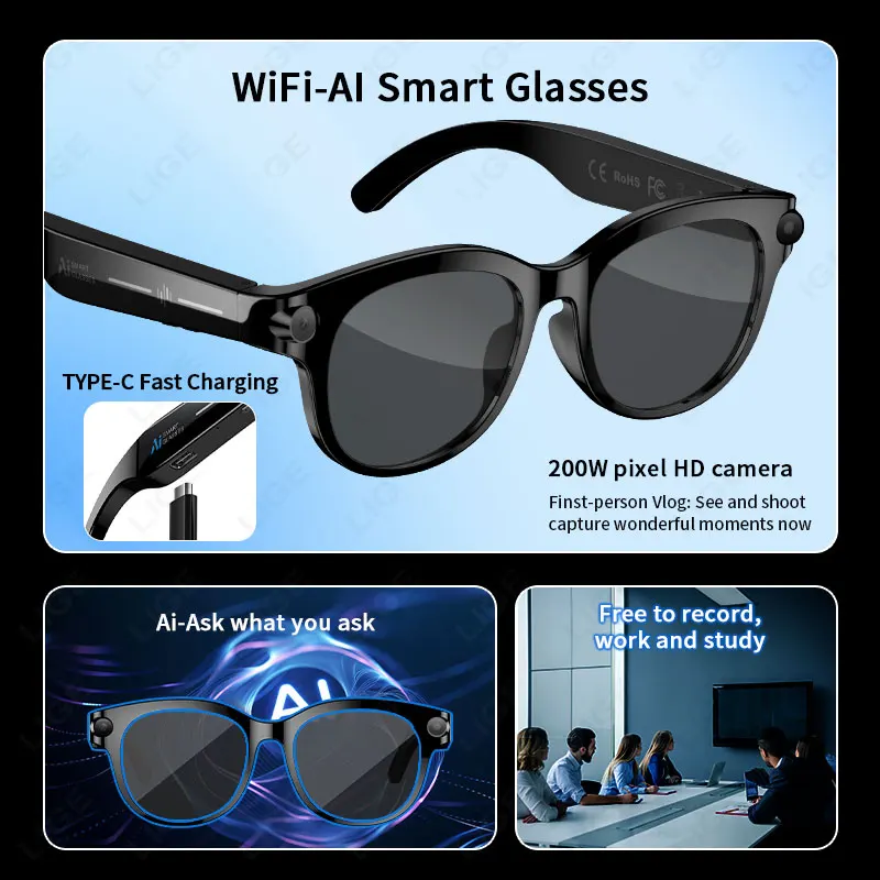 LIGE AI HD Smart Glasses 2MP Camera AI Photo Recognition Bluetooth Call Chat Voice Assistant Control 290mAh Smart Sunglasses New