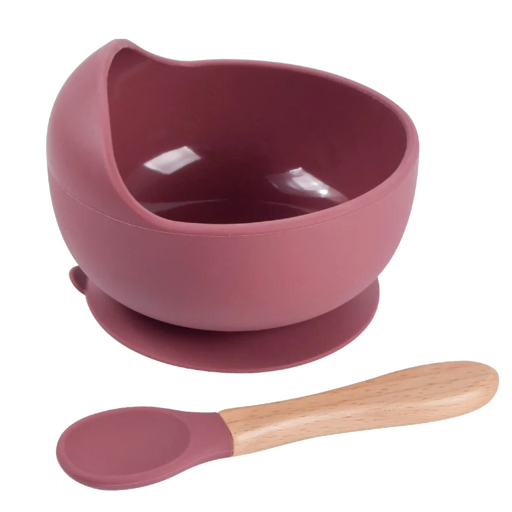 Baby Silicone Bowl Set BPA Free Non-slip Children's Suction Bowl Wooden Handle Silicone Spoon Food Grade Waterproof Tableware