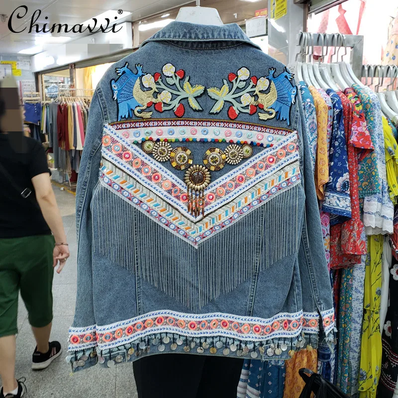 Autumn New Folk Style Retro Heavy Embroidery Spliced Tassel Cowboy Coat
