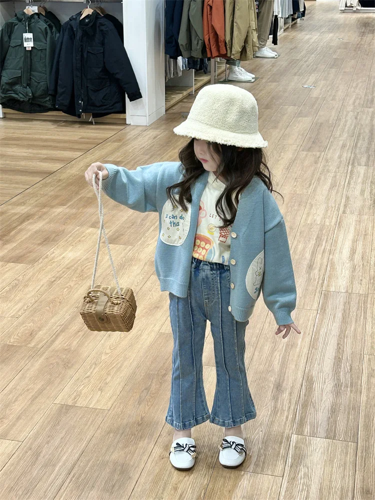 

Kids' overcoat2024Spring and Autumn New Girls' Baby Cartoon Knitted Cardigan Coat Denim Bell-Bottom Pants