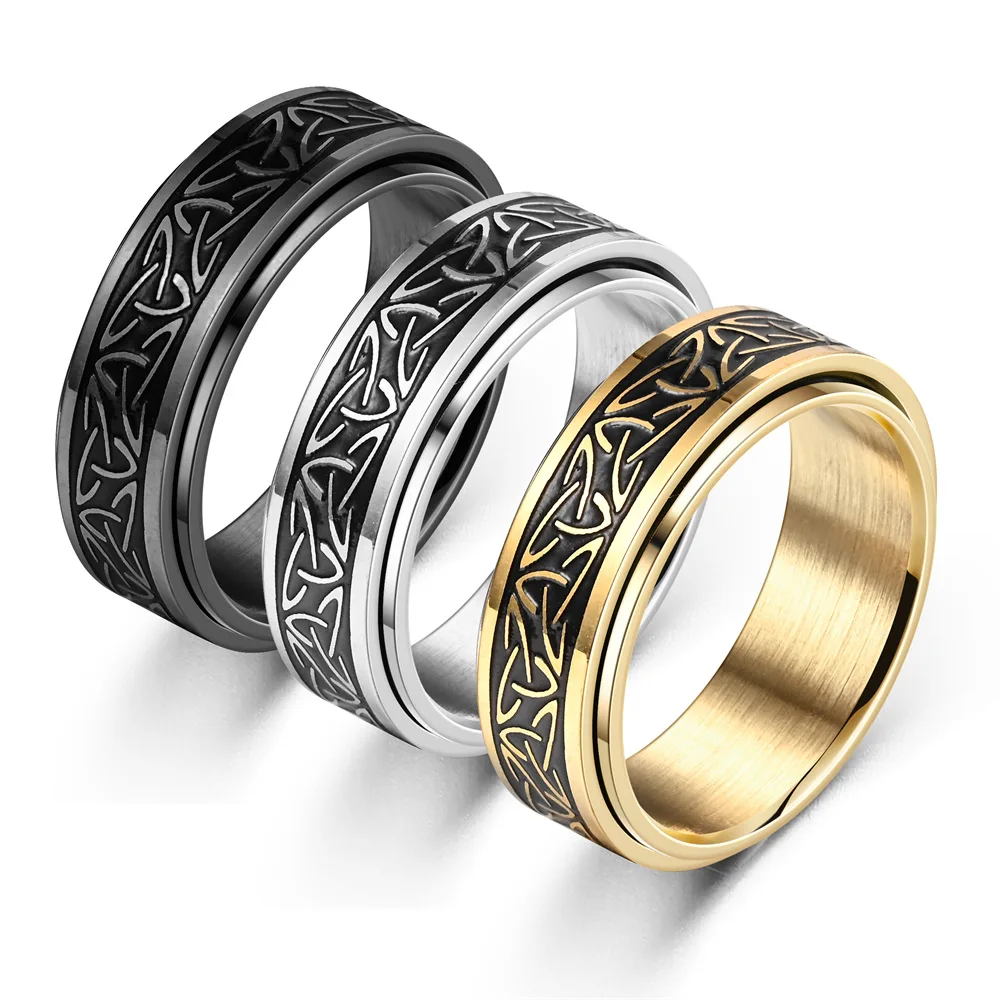 Stainless Steel Ring Finger Ring Fidget Spinner Ring Anti Stress Knuckle Viking Characters Enamel Spinning Rotating Anxiety Control Bague Homme