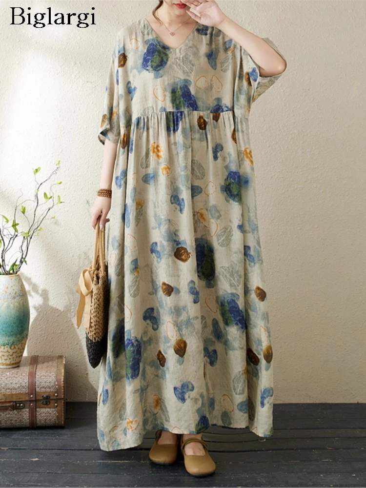 

Платье женское длинное ТРАПЕЦИЕВИДНОЕ свободного кроя, модное повседневное плиссированное платье с оборками и коротким рукавом, с V-образным вырезом, в стиле оверсайз, на лето