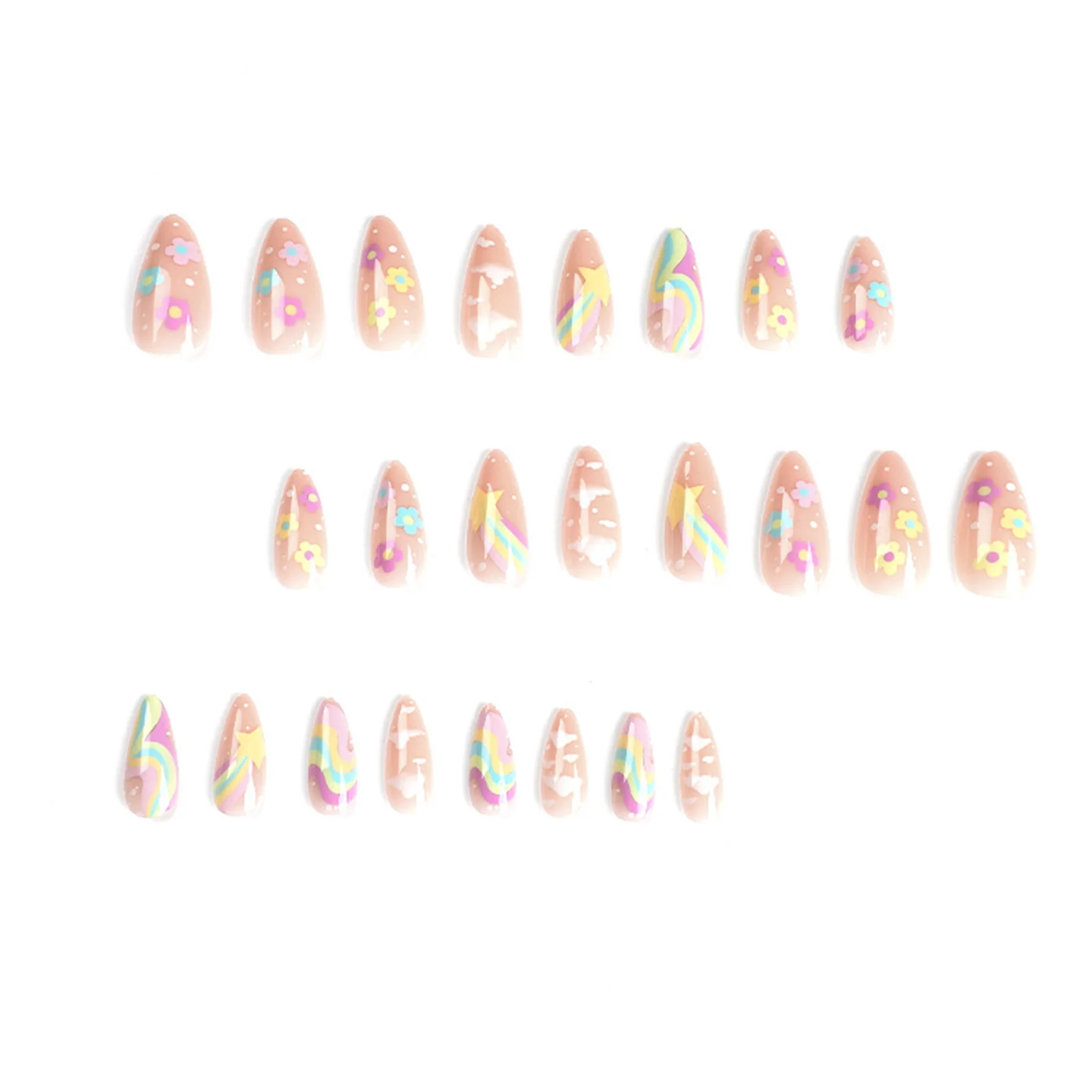 24pcs False Nail Tips for Girl Rainbow Cloud Star Printed Almond Fake Nails Full Cover Reusable Adhesive fake nails nail tips false nails false nail tips
