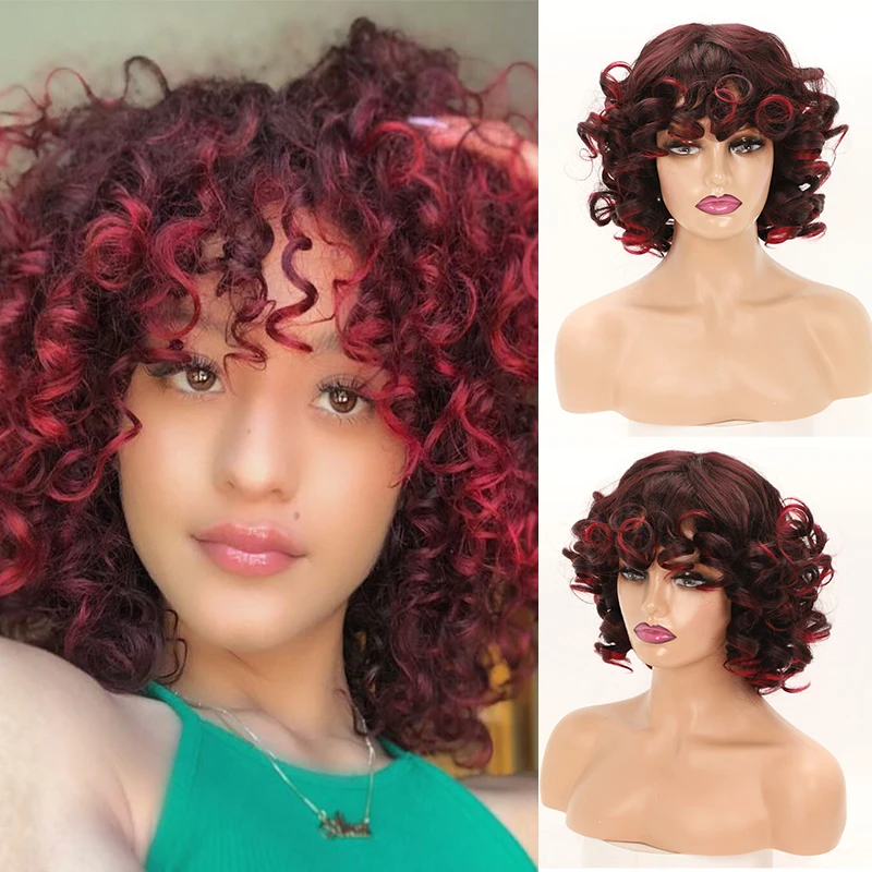 

Винно-красный короткий вьющийся парик с челкой афро надувные пушистые кудрявые парики для женщин синтетические черные коричневые бордовые парики для косплея