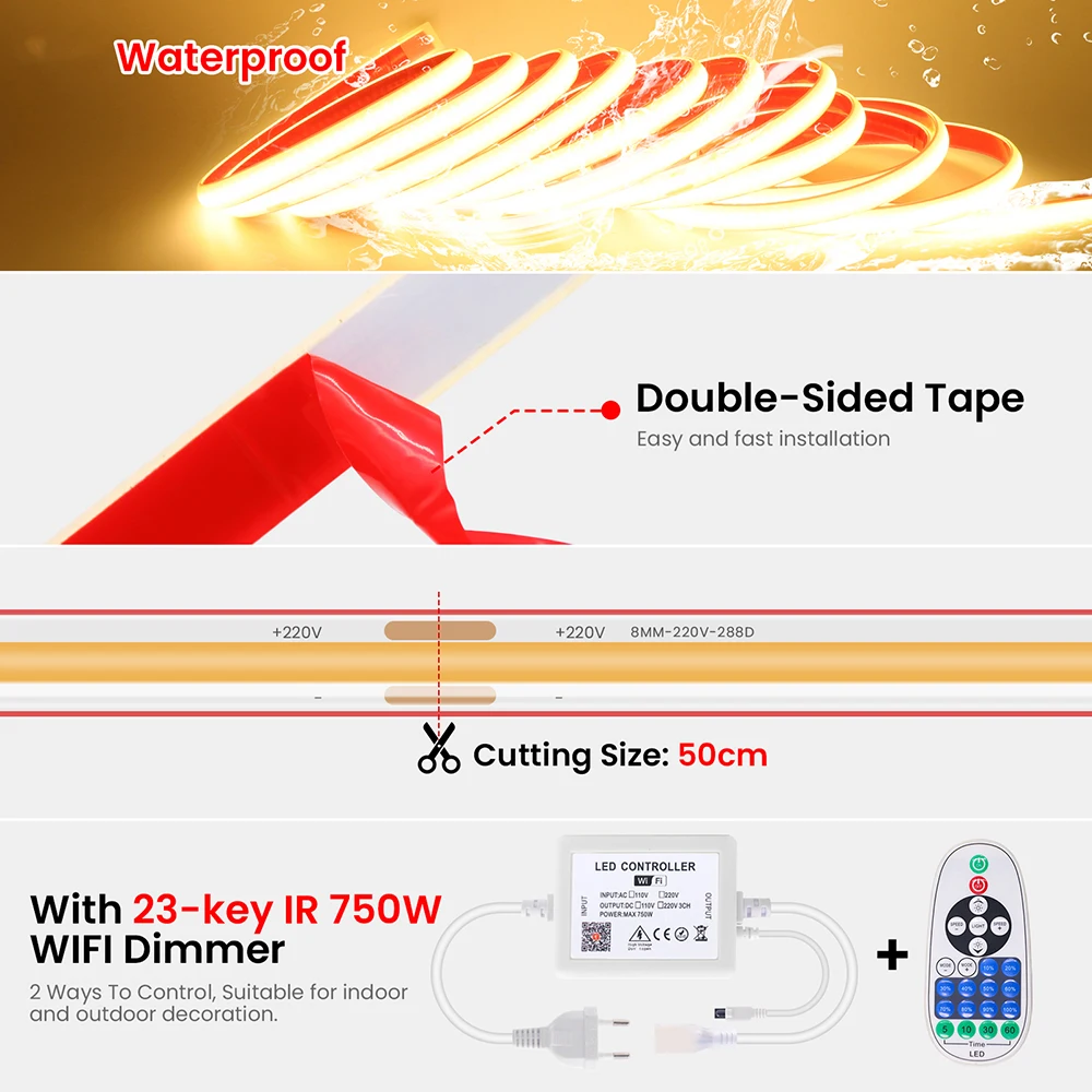 Dimmable 220V COB LED Strip Light WIFI Bluetooth Wall Touch 23key Remote Control Power Kit 288LED Flex Tape IP67 Waterproof Lamp 4