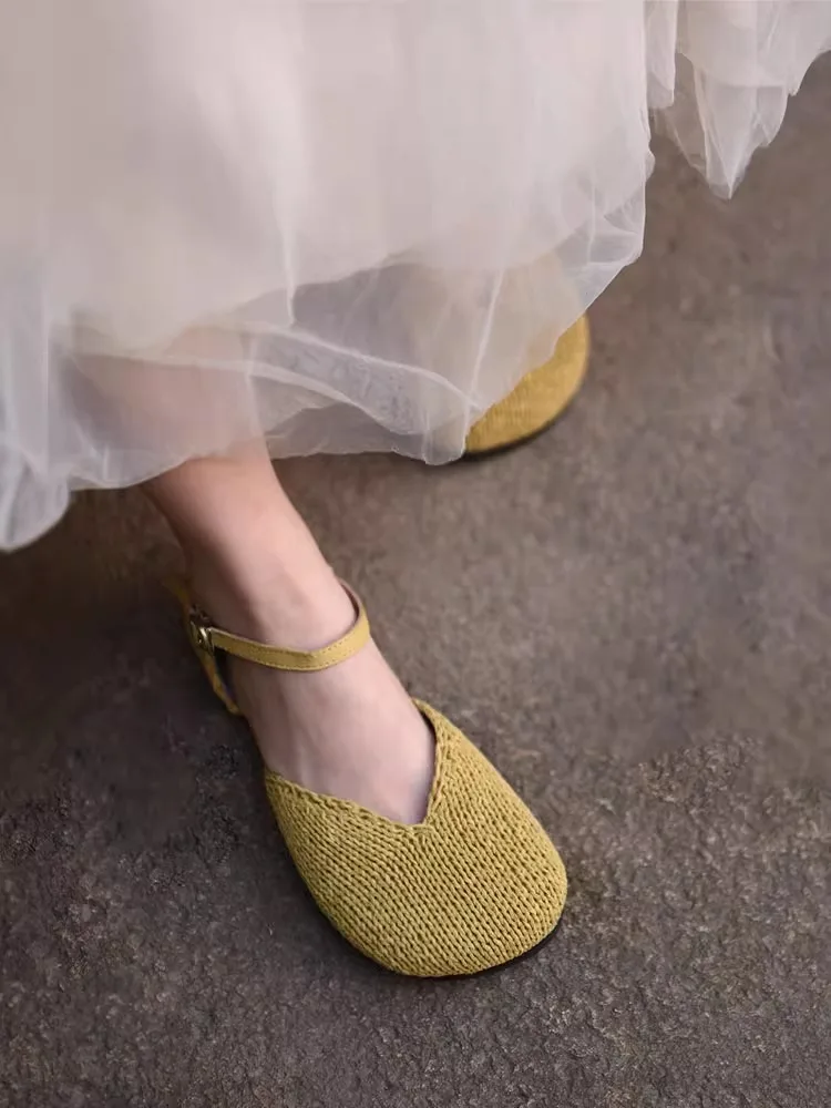 

Artmu Original Woven Hollow Out Sandals For Women Flats Shoes Genuine Leather Luxury Buckle Soft Weave Low Heels Female Shoes