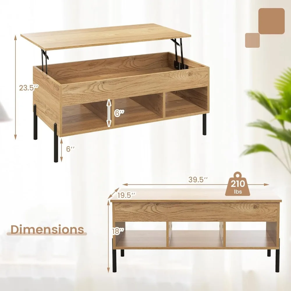 Lift Top Coffee Table - Rectangular Wooden Table w/Hidden Compartment & Open Storage Shelves, Multifunctional Modern Flip Table 2