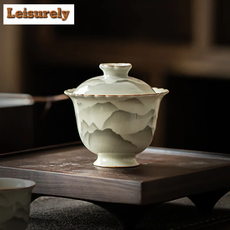 160ml Ru Kiln Ceramic Gaiwan Elegant Mountain Landscape Flower Mourh Tea Tureen Household Tea Maker Cover Bowl Cha Ornaments