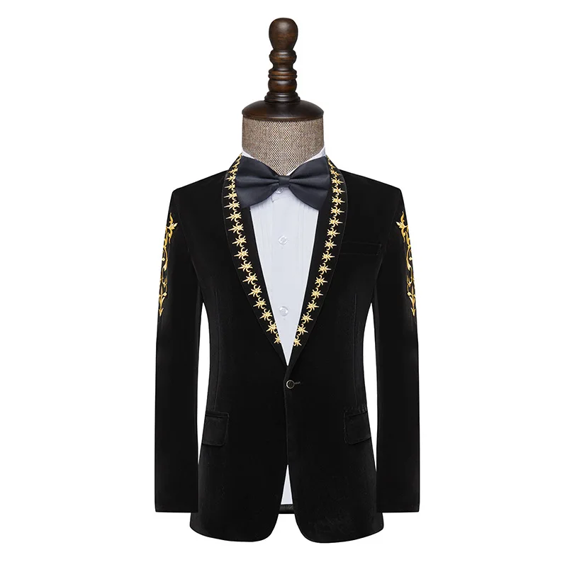 Luxury Velvet Men Suit Jacket Gold Baroque Floral Embroidery  Single Button Wedding Dress Dinner Party Singer Black Blazers Coat