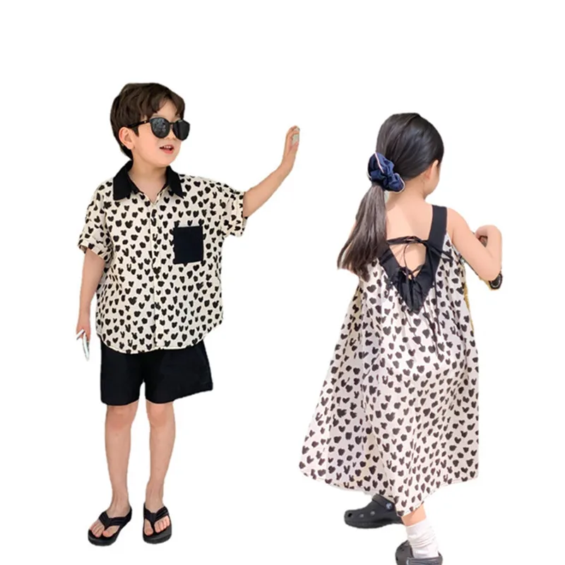 

Baby Summer Clothes Brother Sister Heart Print Clothes Boys Shirt + Shorts Suit Girls Casual Loose Sling Dress Kids Outfit