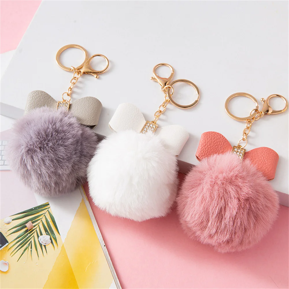 패션 Pompom 키 체인 화려한 라인 석과 크리 에이 티브 PU 활 열쇠 고리 여성 핸드백 장식품 자동차 키 홀더 액세서리