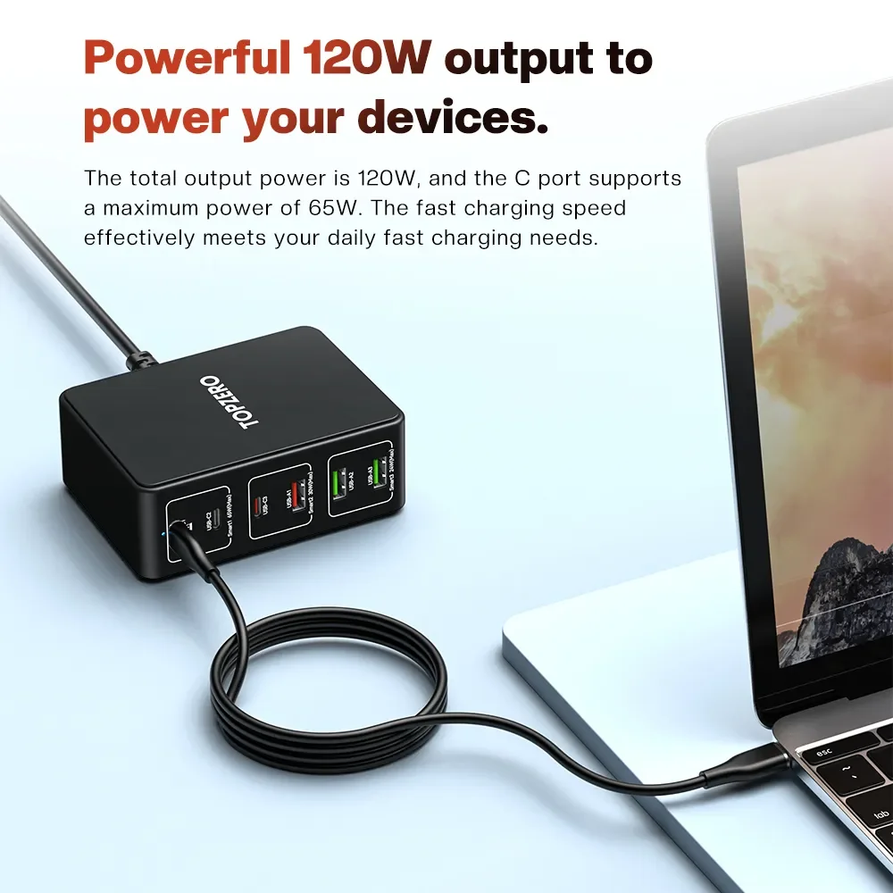 데스크탑 멀티 USB 충전기, 노트북 태블릿, 아이폰 15, 삼성 S23 울트라용, 120W GaN 충전기, 6 포트, 100W PD PPS QC4.0