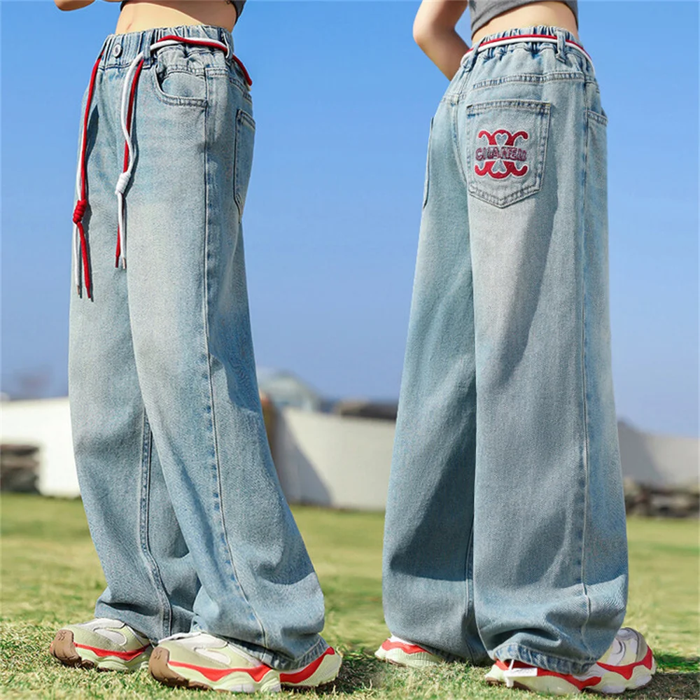 635 Back Pocket Embroidery Spring Girls' Wide Leg Pants Fashion Girls' Jeans Children's Jeans Kid's Casual Pants