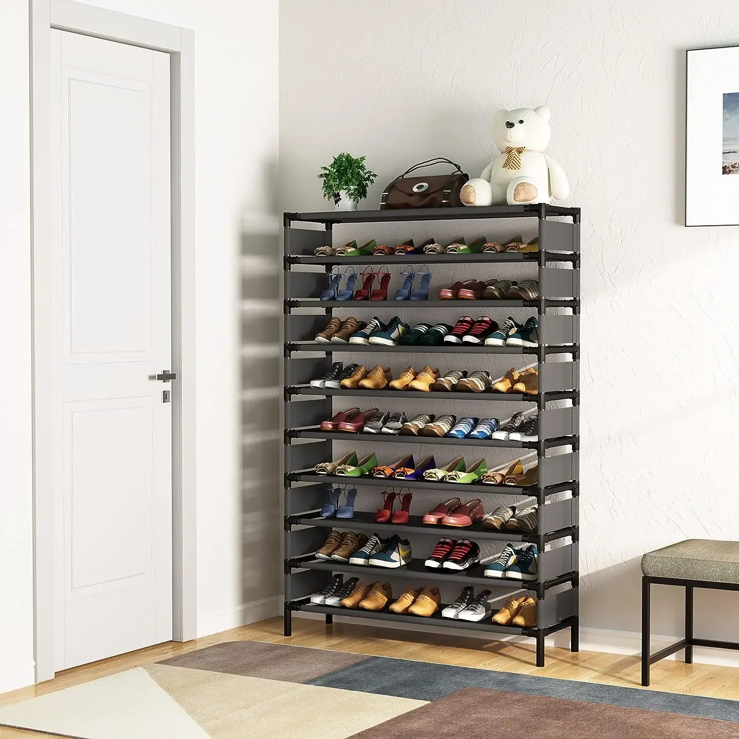 Tribesigns Simple Black Shoe Rack Metal Shoe Shelf Footwear Space Saving Shoes Organizer