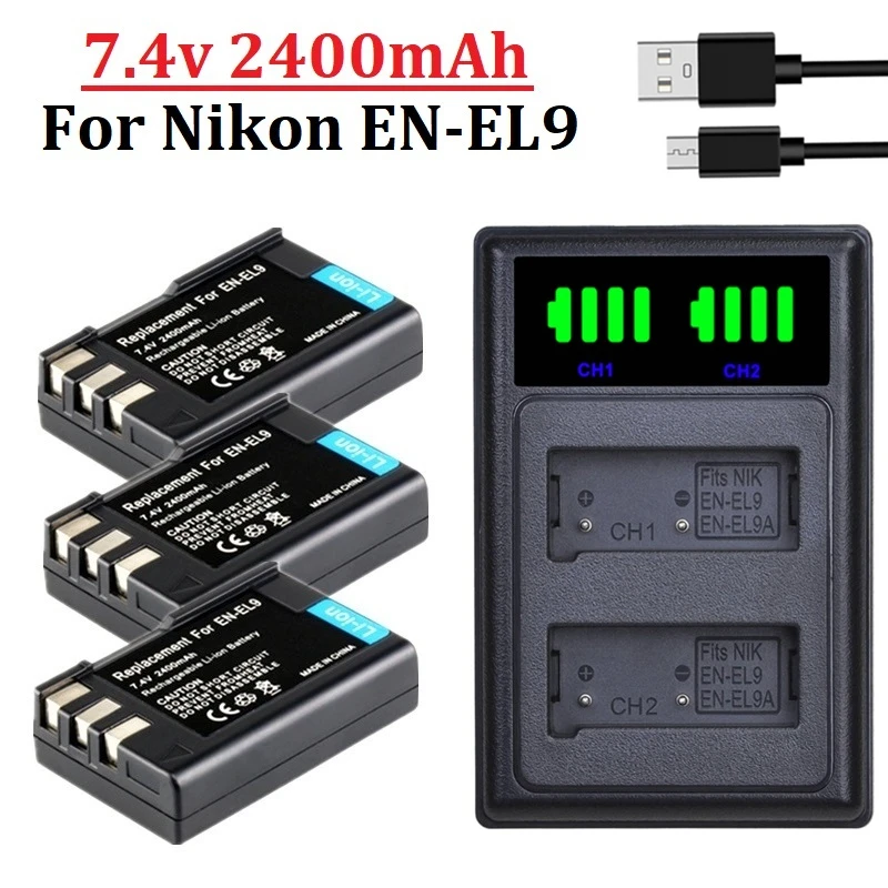 2400mah EN-EL9 ENEL9 EN-EL9a EN EL9A Battery + Dual Slot Charger for Nikon D40 D40X D60 D3000 D5000 EL9 EL9a Camera Battery rechargeable battery,camera battery,camera battery charger,rechargeable battery charger