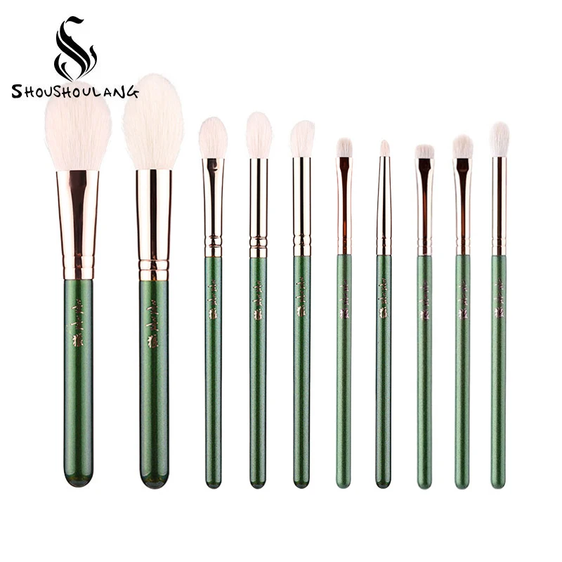 10pcs Shoushoulang 손으로 만들어진 메이크업 브러쉬 세트 블러쉬 아이 섀도우 블렌딩 브러쉬 소프트 Saibikoho 염소 헤어 메이크업 브러쉬 키트