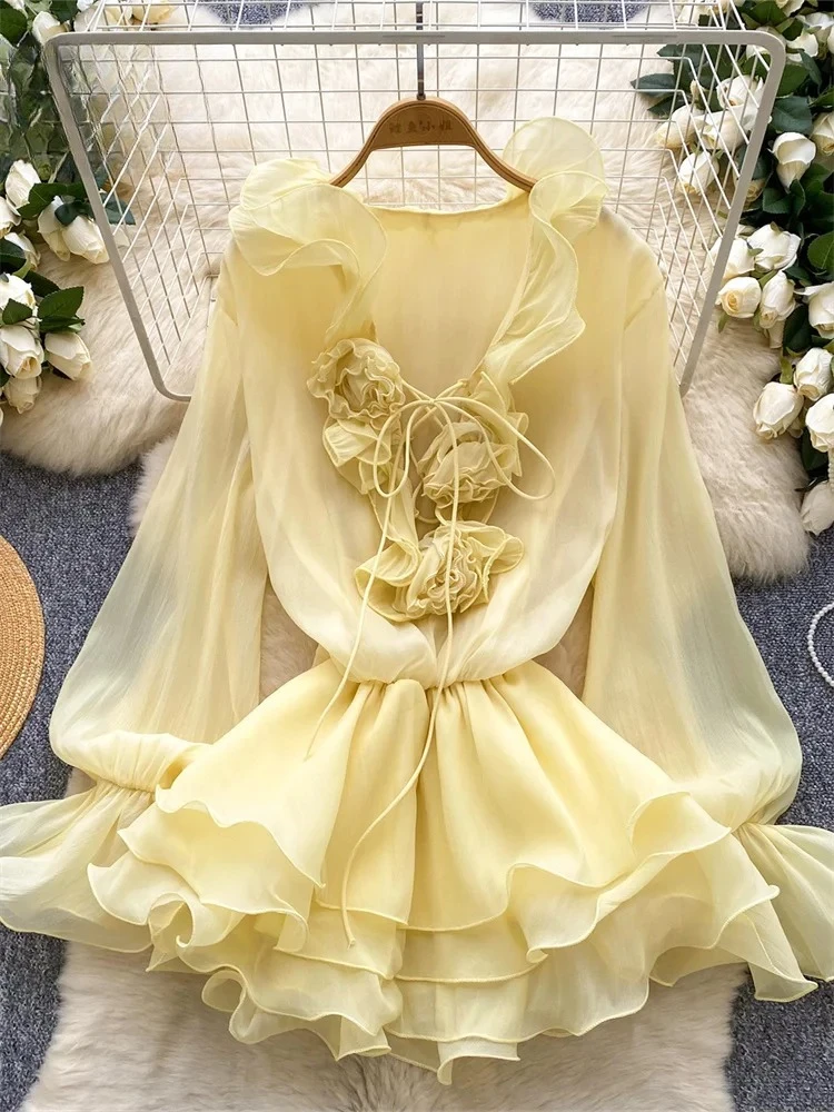 Summer 3D Floral Beach Short Dress Female Long Sleeves Lace