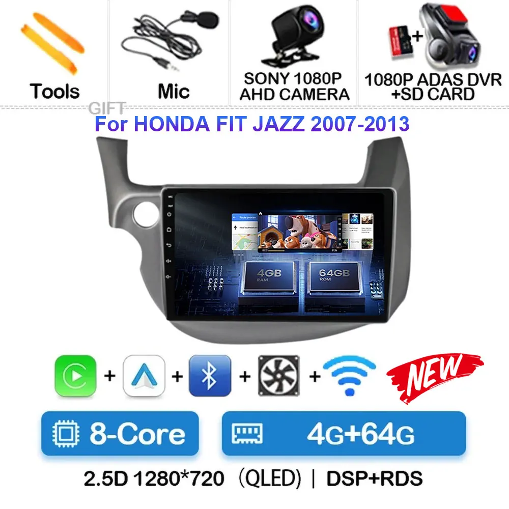 8Core4+64G Car Stereo For Honda Fit 2008-2013 Wireless CarPlay