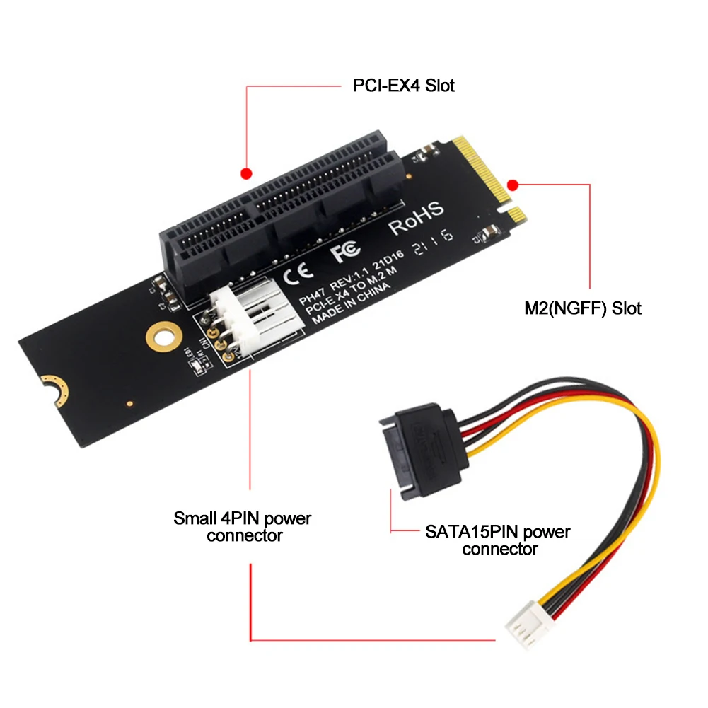 NGFF M.2 To PCI-E 4X SATA Power Riser Compatible with X1 X4 X8 X16 PCI-e Interface Convert Adapter Static Bag Packaging