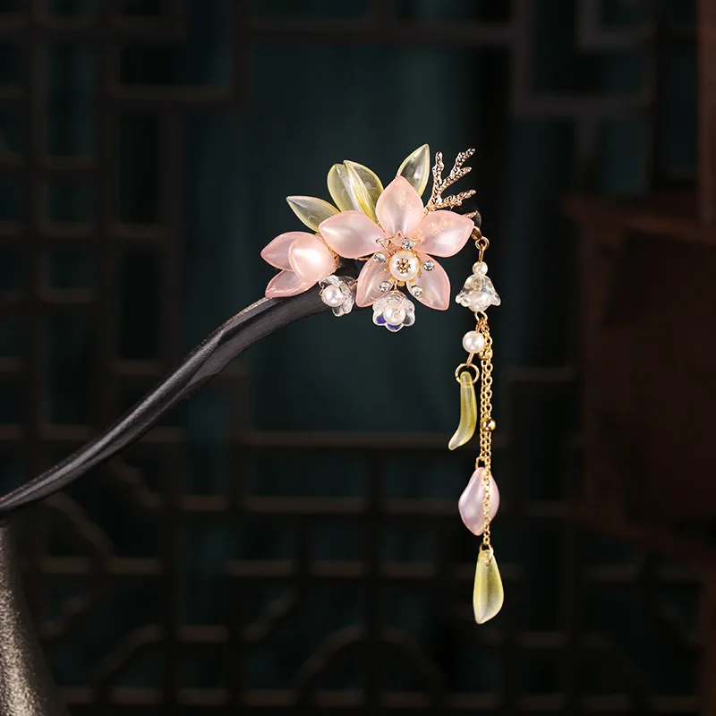 Chinesische Haarnadeln Aus Holz – Handgefertigt, Mit Blumen-Quaste, 18 Cm, Für Langes Haar, 2 Stück