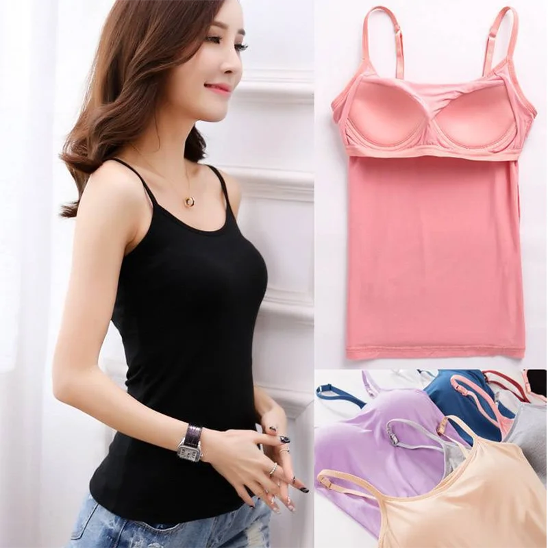 Women Vest Underwear Summer Soft Tank Top Built In Bra Spaghetti Strap