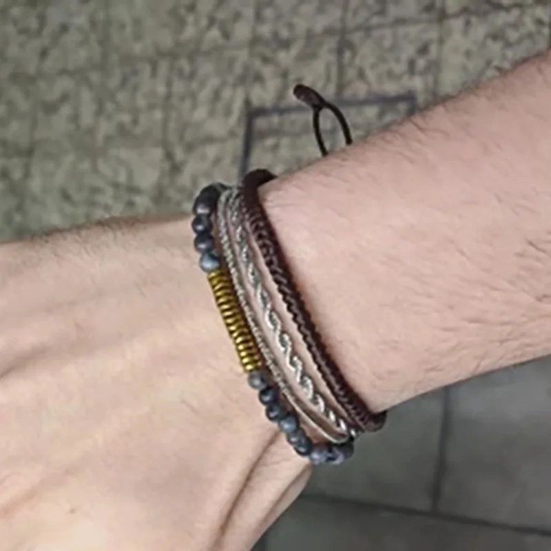 Men Natural Coconut Husk Wooden Bracelet Gold Color Hematite