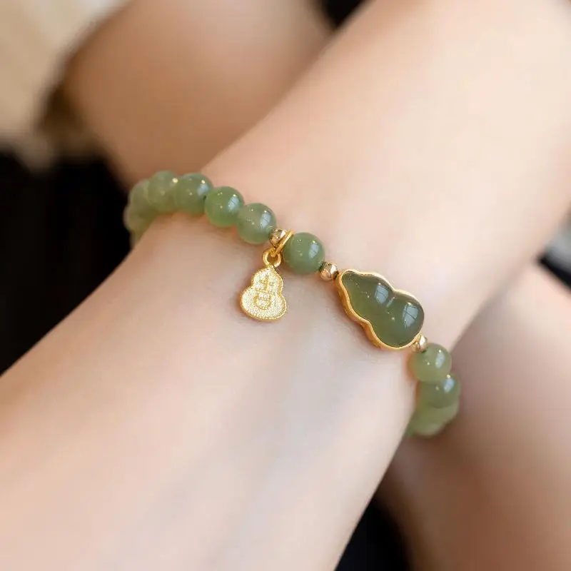 

New Online Celebrity Live Broadcast the Same Hetian Jade Bracelet Fulu Gold Inlaid Jade Gourd Antique Jade Green Hand Ornaments