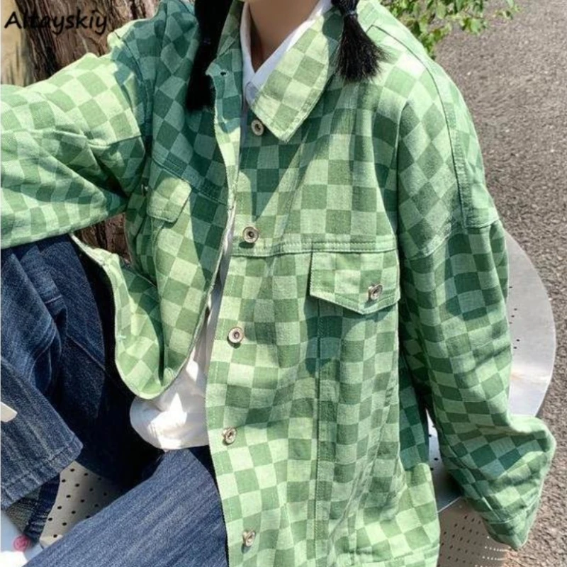 

Клетчатые джинсовые куртки, женские пальто в американском стиле Харадзюку, подростковые универсальные Мешковатые повседневные винтажные хипстерские уличные ретро-куртки для студентов