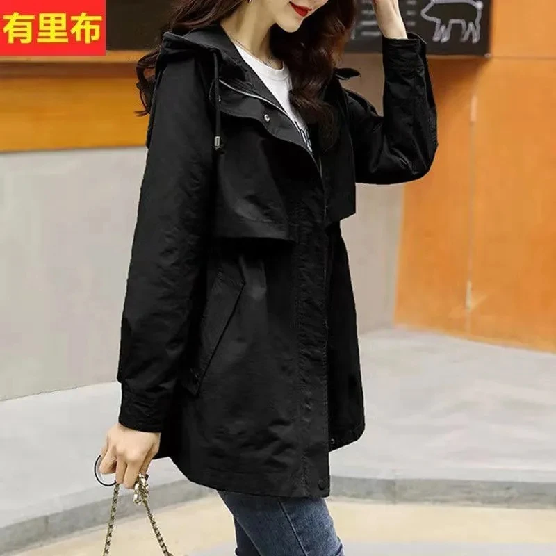 2023 new Women Casual Fashion Long Sleeve Hooded Zipper Mid-length Trench Solid Color Soft Elegant Cardigan Trench Coat
