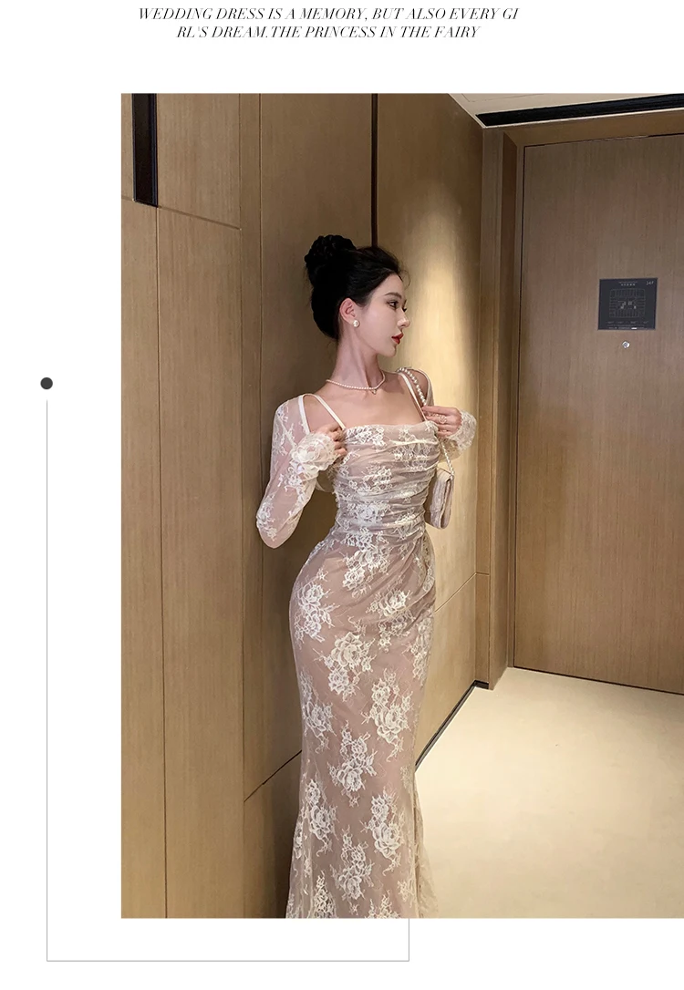 Sexy Bodycon Lace Long Dresses for Women Wedding Party Dress Spaghetti Strap with Smock French Vintage Evening Maxi Vestidos New